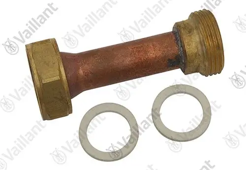 Kupferrohr mit messingfarbener Verbindung und zwei Dichtungsringen. Teil eines Vaillant-Heizsystems, vermutlich zur Verbindung von Komponenten.